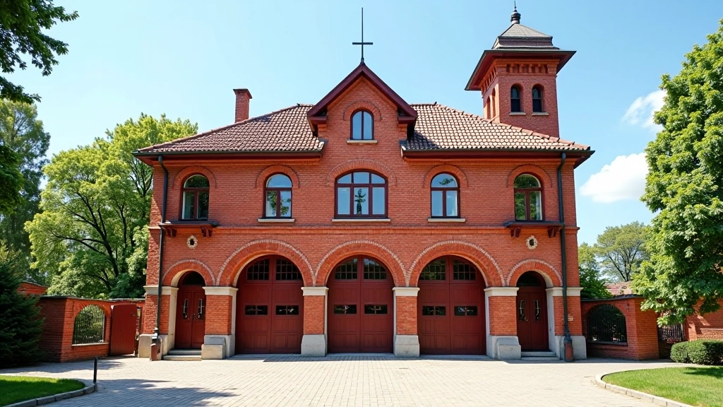 Istorinis raudonos plytos ugniagesių stoties bokštas su vandens talpykla ir klasikiniais vartais, likusiais iš XX amžiaus pradžios