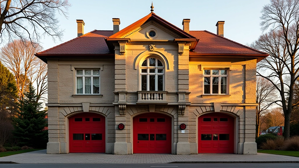 Senosios ugniagesių stoties architektūra su šilta ryto šviesa, architektūriniai detailai ryškalai šviesoje