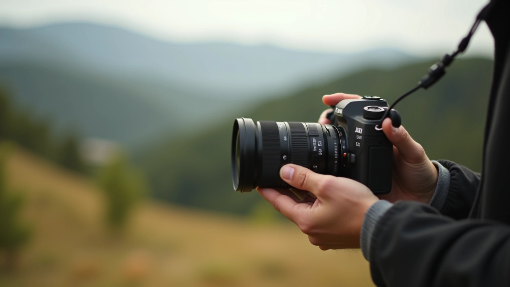 Fotografo rankos su fotoaparatu, fotografavimo procesas, peizažo fotografija